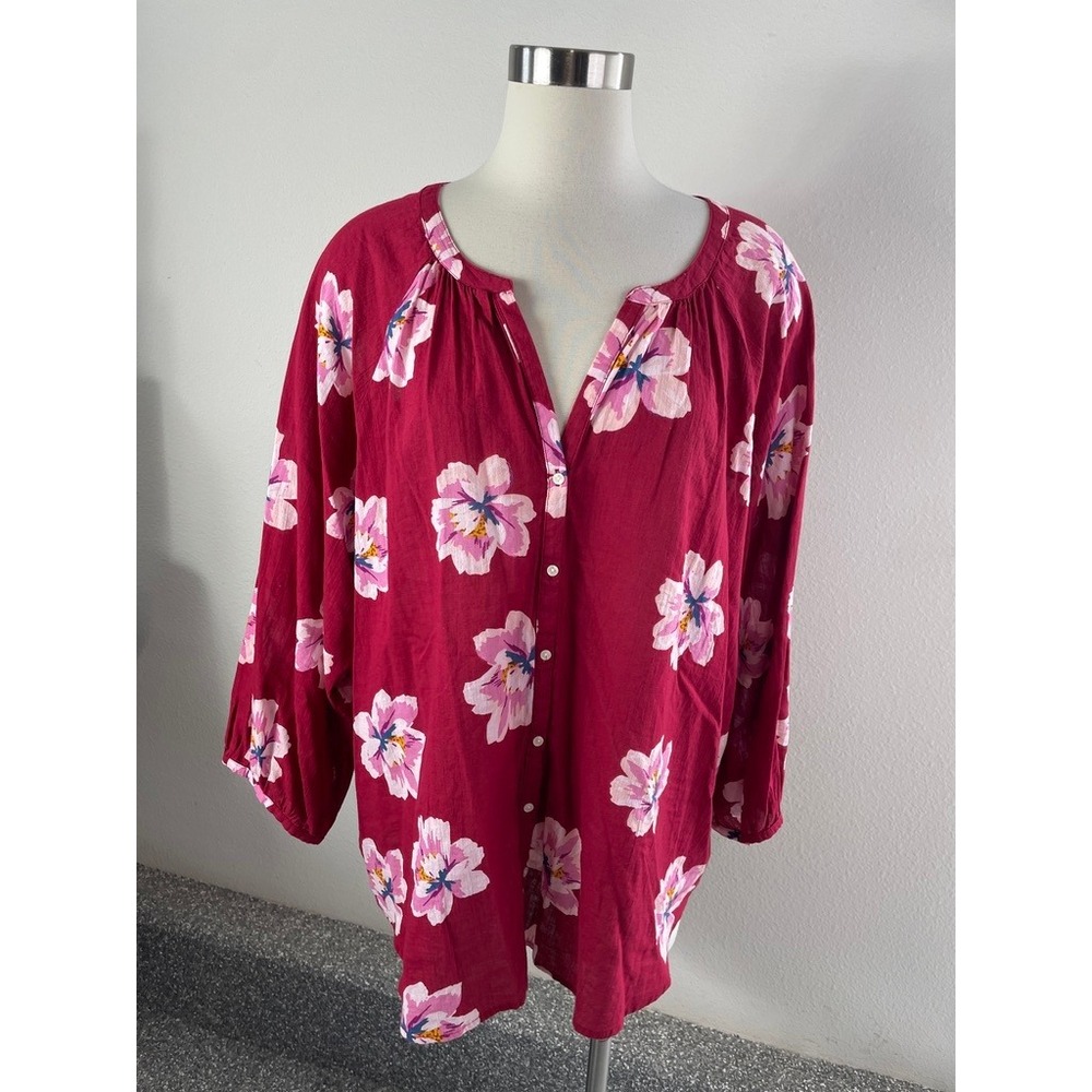 Old Navy Womens Plus XXL Red Pink Floral Cotton Button Front Blouse Top